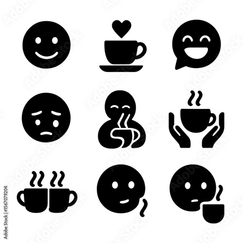 Emotional Tea Icons. Solid, filled icon set of emotional moments with tea: smiling face, heartwarming steam, laughter bubble,