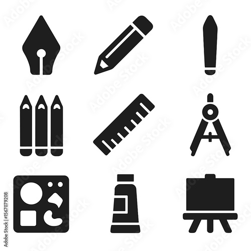 Creative Drawing Icons. Solid, filled icons set of creative drawing tools: calligraphy pen, graphite pencil,