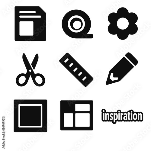Icons of Crafting Tools. Solid, filled icons set of vision board craft tools: magazine cutout, tape roll,