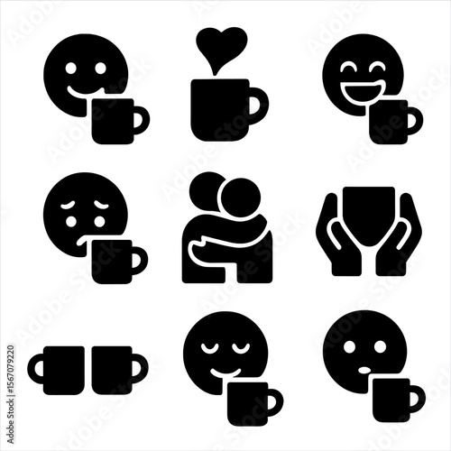 Emotional Tea Icons. Solid, filled icon set of emotional moments with tea: smiling face, heartwarming steam, laughter bubble,