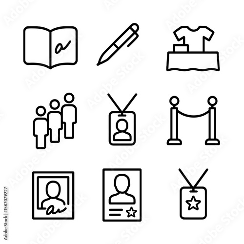 Autograph Session Icons. Outline icon set of autograph signing sessions: autograph book, pen, merchandise table, queue of fans,