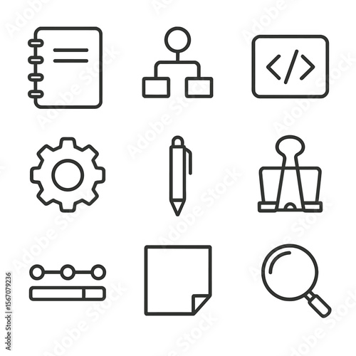Project Documentation Icons. Outline icon set of project documentation: technical notebook, diagram flowchart, code snippet, gear