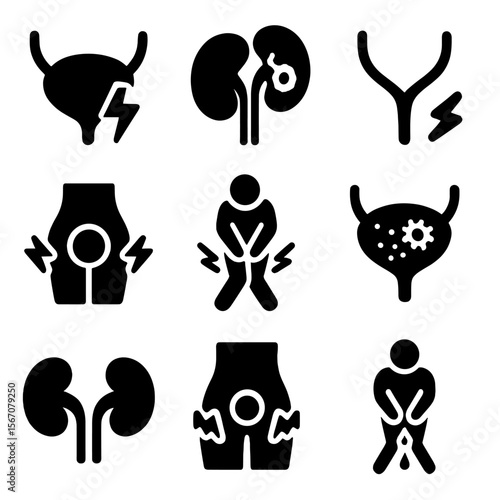 Urinary System Icons. Solid, filled icon set of urinary system pain: bladder pain, kidney stone, ureter ache, urinary tract