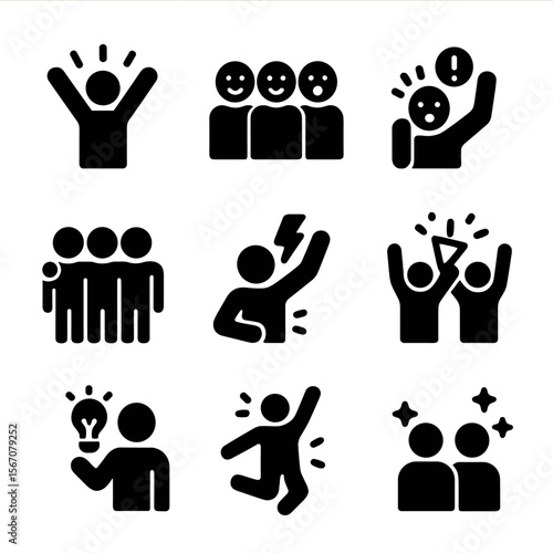 Flash Mob Emotions Icons. Solid, filled icon set of Flash mob emotions: excitement, joy, surprise, unity, energy, celebration,