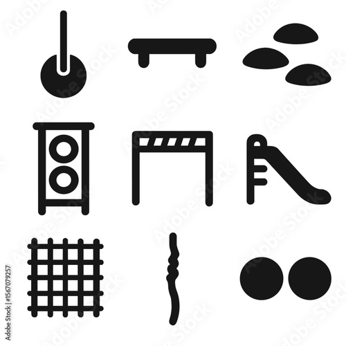 Fitness Obstacle Icons. Solid, filled icon set of fun fitness obstacles for children: rope swing, balance log, stepping stones,