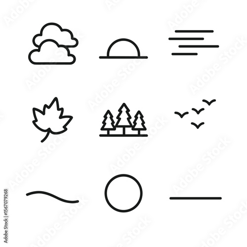 Autumn Sky Icons. Outline icon set of sustainable and wellness features: indoor plant, recycling bin, natural light window, water
