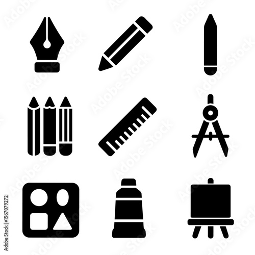 Creative Drawing Icons. Solid, filled icons set of creative drawing tools: calligraphy pen, graphite pencil,