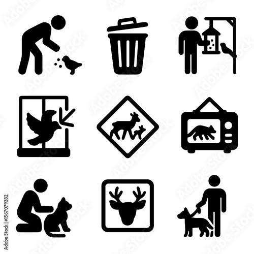 Urban Wildlife Icon Set. Solid, filled icons set of human-wildlife interactions in cities: feeding bird, trash
