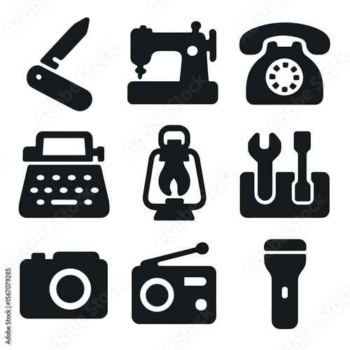 Flea Market Icons. Solid, filled icon set of flea market tools and gadgets: pocket knife, sewing machine, old telephone,