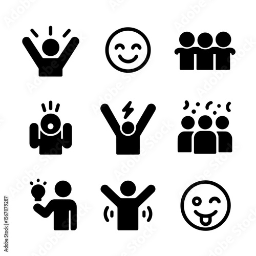 Flash Mob Emotions Icons. Solid, filled icon set of Flash mob emotions: excitement, joy, surprise, unity, energy, celebration,
