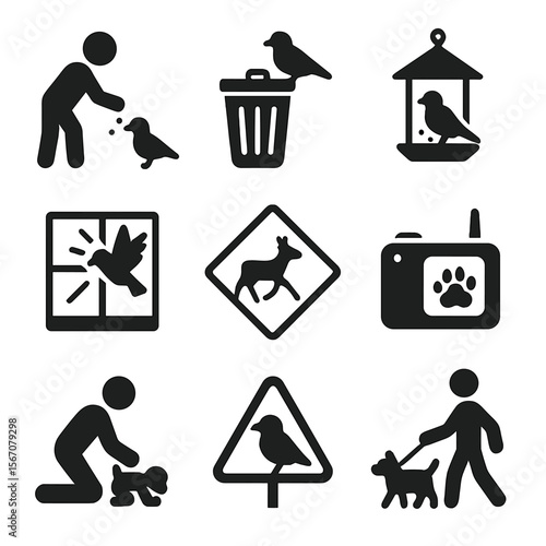 Urban Wildlife Icon Set. Solid, filled icons set of human-wildlife interactions in cities: feeding bird, trash