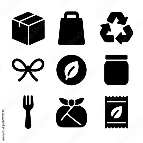 Eco Packaging Icons. Solid, filled icon set of eco-friendly packaging: cardboard box, paper bag, recyclable symbol, twine bow,
