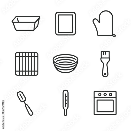 Baking Tools Icons. Outline icon set of baking tools and equipment: loaf pan, baking sheet, oven mitt, cooling rack, proofing