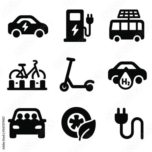 Eco Transport Icons. Solid, filled icon set of clean transportation: electric car, EV station, solar-powered bus, bike share dock,
