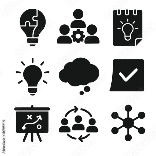 Creative Problem-Solving Icons. Solid, filled icons set of creative problem-solving sessions: lightbulb puzzle