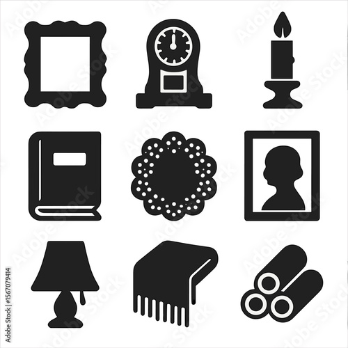 Vintage Mantel Icons. Solid, filled icons set of vintage and antique mantels: ornate frame, antique clock,