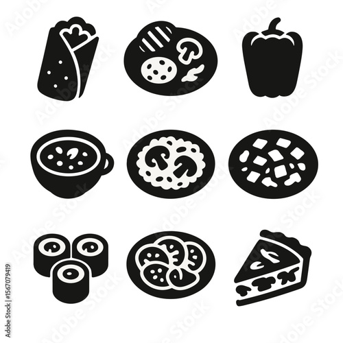 Vegetarian Dishes Icons. Solid, filled icon set of vegetarian dishes: veggie wrap, grilled vegetables, stuffed pepper, lentil soup