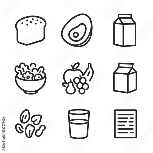 Balanced Diet Icons. Outline icon set of balanced diet components: whole grain loaf, lean meat slice, avocado half, colorful salad
