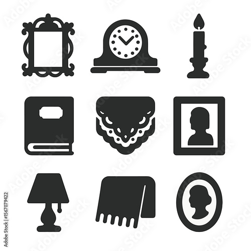 Vintage Mantel Icons. Solid, filled icons set of vintage and antique mantels: ornate frame, antique clock,