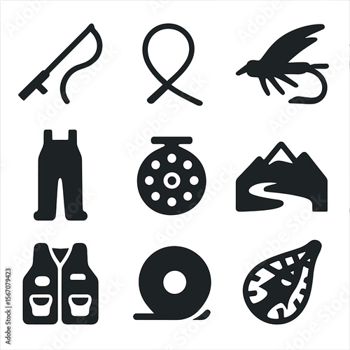 Fly Fishing Icons. Solid, filled icon set of fly fishing: fly rod, casting loop, artificial fly, waders, fly reel, mountain stream