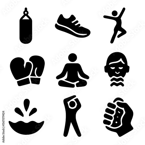 Energy Release Icons. Solid, filled icon set of nervous energy release: punching bag, running shoes, dance pose, boxing gloves,