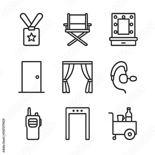 Backstage Icon Set. Outline icon set of backstage experiences: VIP pass lanyard, green room chair, makeup mirror, dressing room