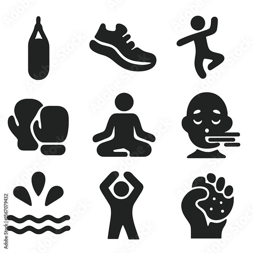 Energy Release Icons. Solid, filled icon set of nervous energy release: punching bag, running shoes, dance pose, boxing gloves,