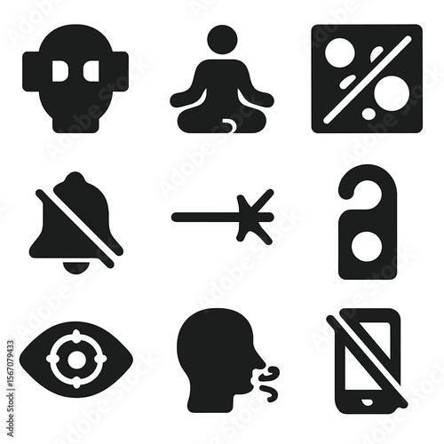 Focus Icon Set. Solid, filled icon set of staying focused under pressure: tunnel vision icon, meditation pose, blocked