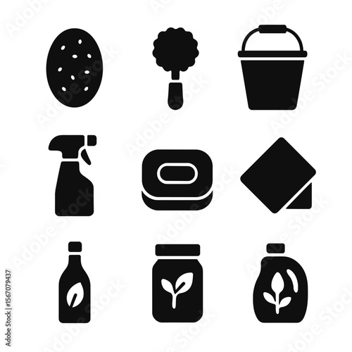 Eco-Friendly Cleaning Icons. Solid, filled icon set of plastic-free cleaning tools: coconut scrubber, wooden handle brush, metal