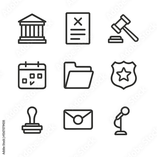 Bankruptcy Icons Set. Outline icon set of bankruptcy court proceedings and filings: courthouse building, bankruptcy petition form,