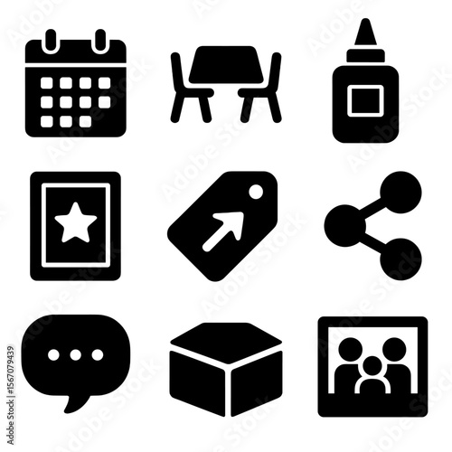 Vision Board Icons. Solid, filled icons set of organizing a vision board session: meeting calendar, table