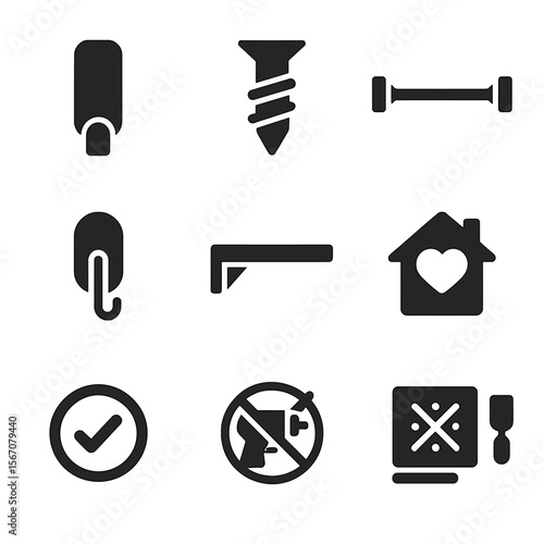 Wall Decor Icons Set. Solid, filled icons set of apartment-friendly wall setups: adhesive strip, drywall