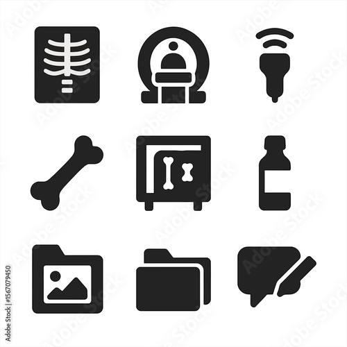 Radiology Icon Set. Flat icon set of imaging and radiology: X-ray film, MRI scanner, ultrasound probe, CT slice, bone silhouette,