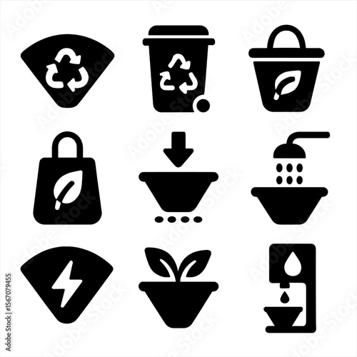 Eco-Friendly Coffee Icons. Solid, filled icon set of coffee filter environmental impact: recyclable paper, compost bin, reusable