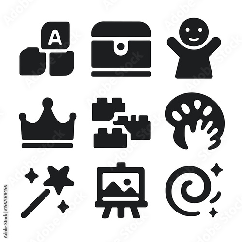 Creative Play Icons. Solid, filled icons set of creative play and imagination: toy blocks, costume chest,