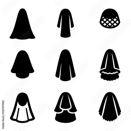 Veil Icon Collection. Solid, filled icon set of veil shapes and styles: cathedral veil, elbow veil, birdcage veil, fingertip veil,