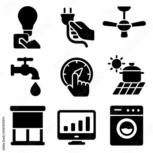 Energy-Saving Icon Grid. Solid, filled icon set of energy-saving household habits: turning off lights, unplugging devices, using