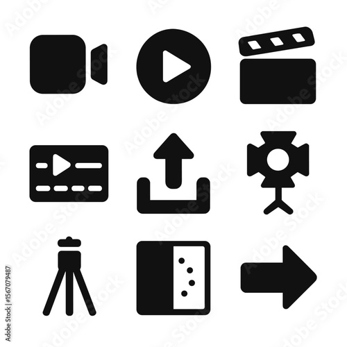 Video Production Icons. Solid, filled icon set of creating video content: video camera, play button, clapperboard, editing