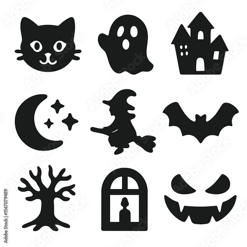 Creative Pumpkin Carving Icons. Solid, filled icons set of creative pumpkin carving ideas: cat face, ghost
