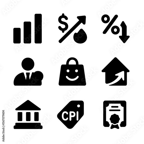 Economic Indicators Icons. Solid, filled icon set of economic indicators: GDP bar, inflation symbol, interest rate, unemployment