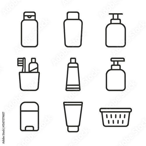 Bathroom Essentials Icons. Outline icon set of bathroom shelf storage essentials: shampoo bottle, conditioner bottle, soap