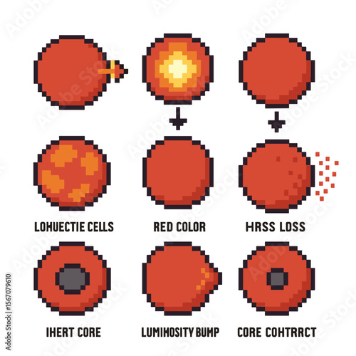 Red Giant Evolution Icons. Pixel art icon set of red giant evolution: envelope expansion, helium flash, low surface gravity,