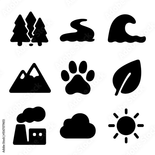 Environmental Icons Grid. Solid, filled icon set of environmental elements monitored: forest, river, ocean wave, mountain,