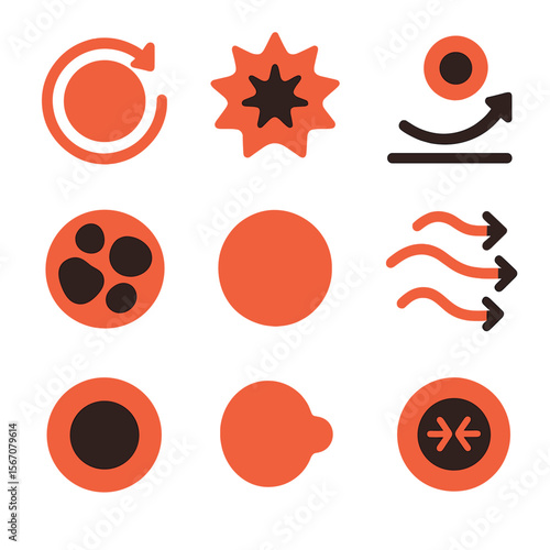 Red Giant Evolution Icons. Flat icon set of red giant evolution: envelope expansion, helium flash, low surface gravity, convective