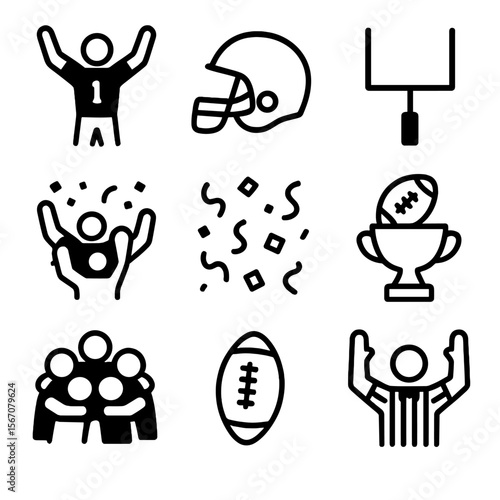 Football Celebration Icons. Solid, filled icon set of Touchdown celebration: football player, raised arms, helmet, goalpost, crowd