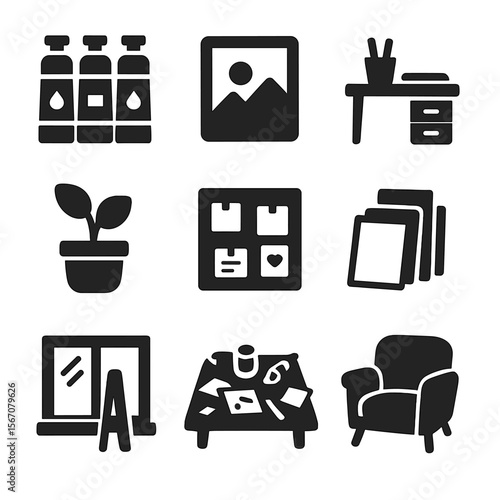 Creative Studio Icons. Solid, filled icons set of studio spaces filled with inspiration: paint tubes,