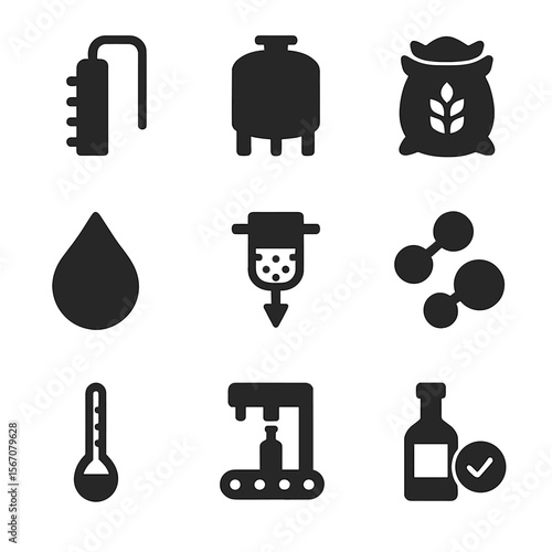 Vodka Production Icons. Solid, filled icon set of vodka production: distillation column, fermentation tank, grain sack, water