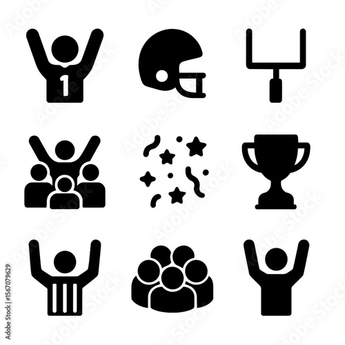 Football Celebration Icons. Solid, filled icon set of Touchdown celebration: football player, raised arms, helmet, goalpost, crowd