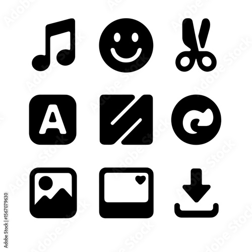 Creative Tool Icons. Solid, filled icons set of creative tools for short-form ads: music track, emoji sticker,