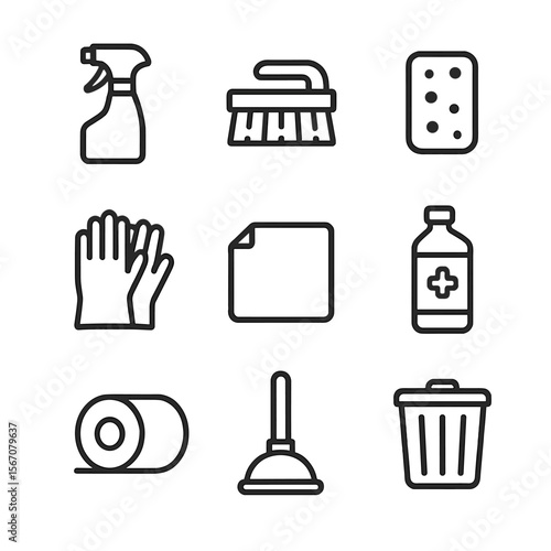 Bathroom Cleaning Essentials. Outline icon set of bathroom shelf cleaning supplies: cleaning spray bottle, scrub brush, sponge,